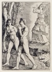 Adam und Eva werden aus dem Paradies vertrieben aus Das verlorene Paradies von John Milton, eine Serie von 12 Illustrationen von William Strang